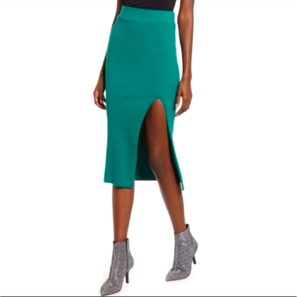 NWT Leith Midi Skirt Ribbed Knit Side Slit Emerald Green